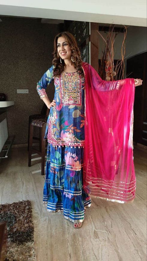 Pink Blue Embroidery Sharara Set